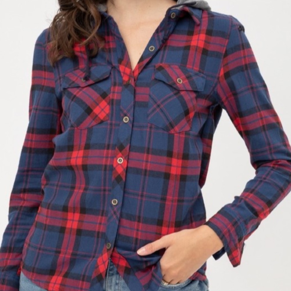 Plaid Button Down Flannel Detach Hooded Shirt